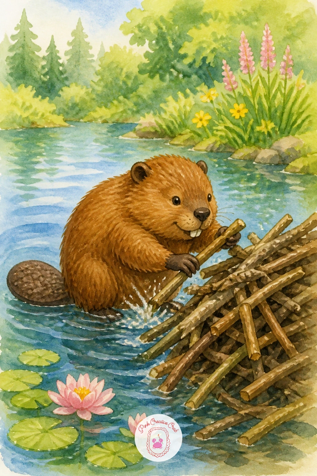 Beaver Building a Tiny Dam",'content':" Give the pond some industry with a round, busy beaver stacking small sticks into a dam. Paint his body first in rich