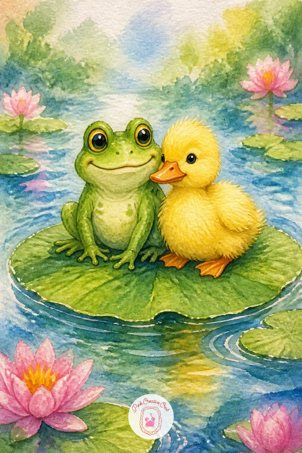 Frog and a Duckling Sharing a Leaf",'content':" Bring two pond friends together on one small raft of a leaf, a frog and a duckling perched side by side. Paint
