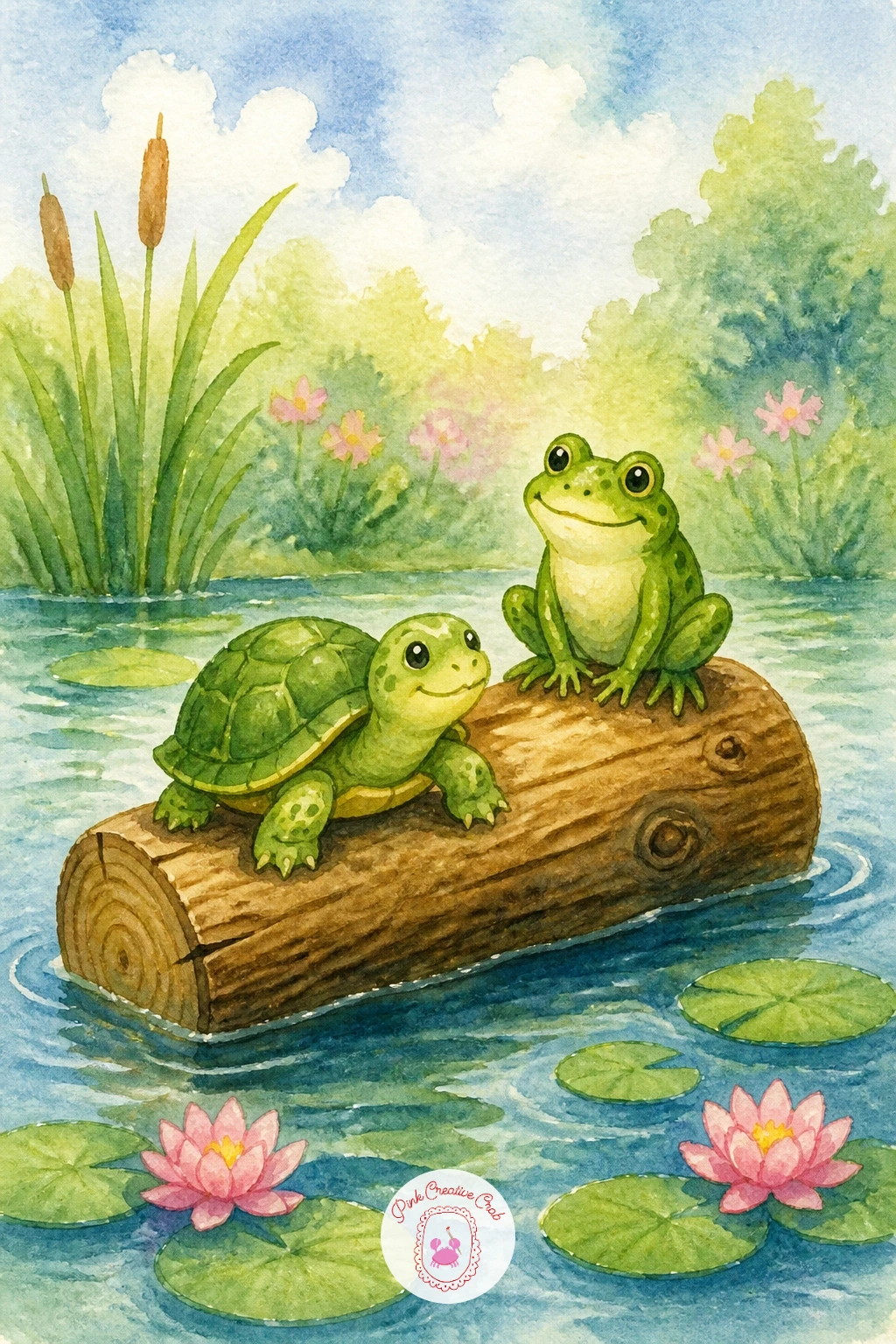 Turtle and a Frog on One Log",'content':" Keep the friendship theme going with a turtle and a frog sunning themselves together on a floating log. Paint the log