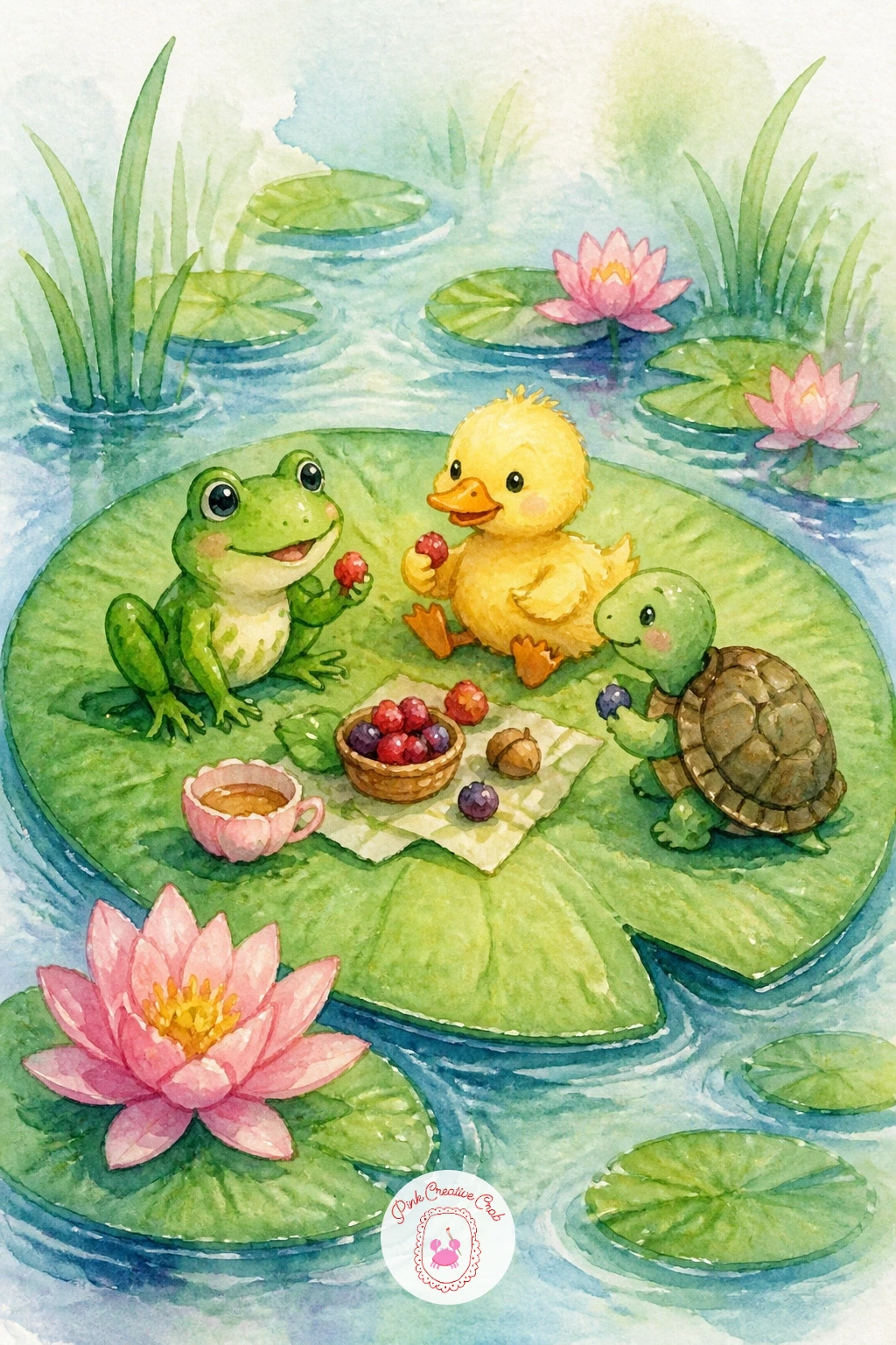 Pond Family Picnic on a Lily Pad",'content':" Gather several pond friends together for a full picnic scene spread across one large lily pad. This is the most