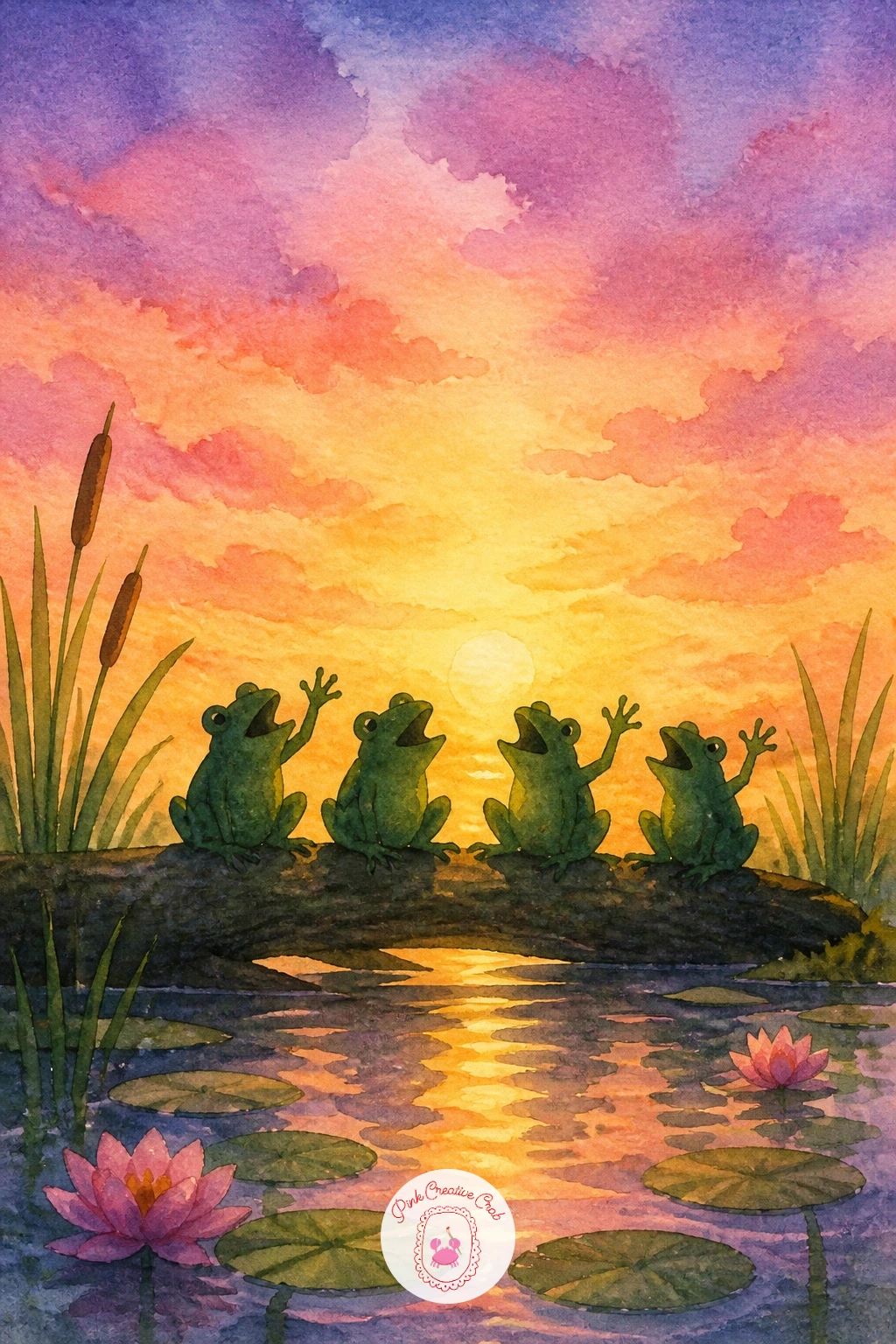 Frog Choir at Sunset",'content':" Close the whole pond story with a small choir of frogs singing together as the sky turns pink and gold behind them. Paint the