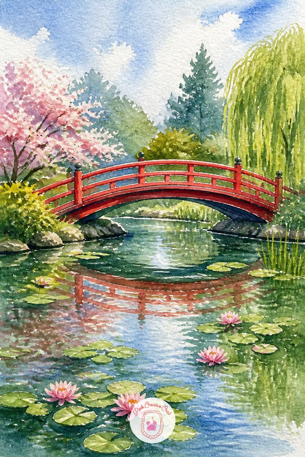 Japanese Bridge Over a Lily Pond — Moving from a plain jetty to something more architectural, a Japanese bridge over a lily pond gives you a strong red-orange