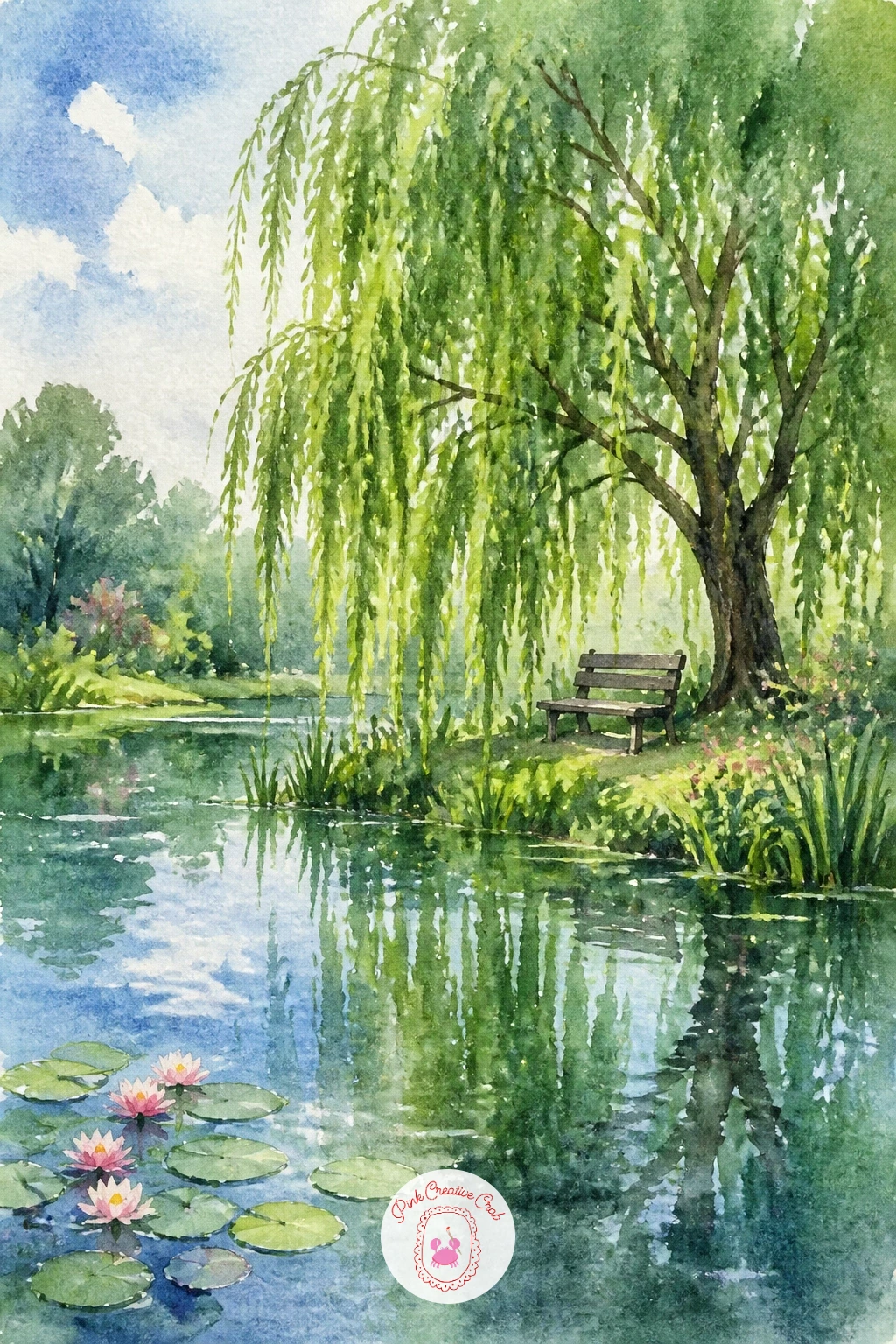 Willow Over a Pond With a Bench — From a bridge to something softer, a willow over a pond with a bench brings in trailing foliage and a place to sit and look