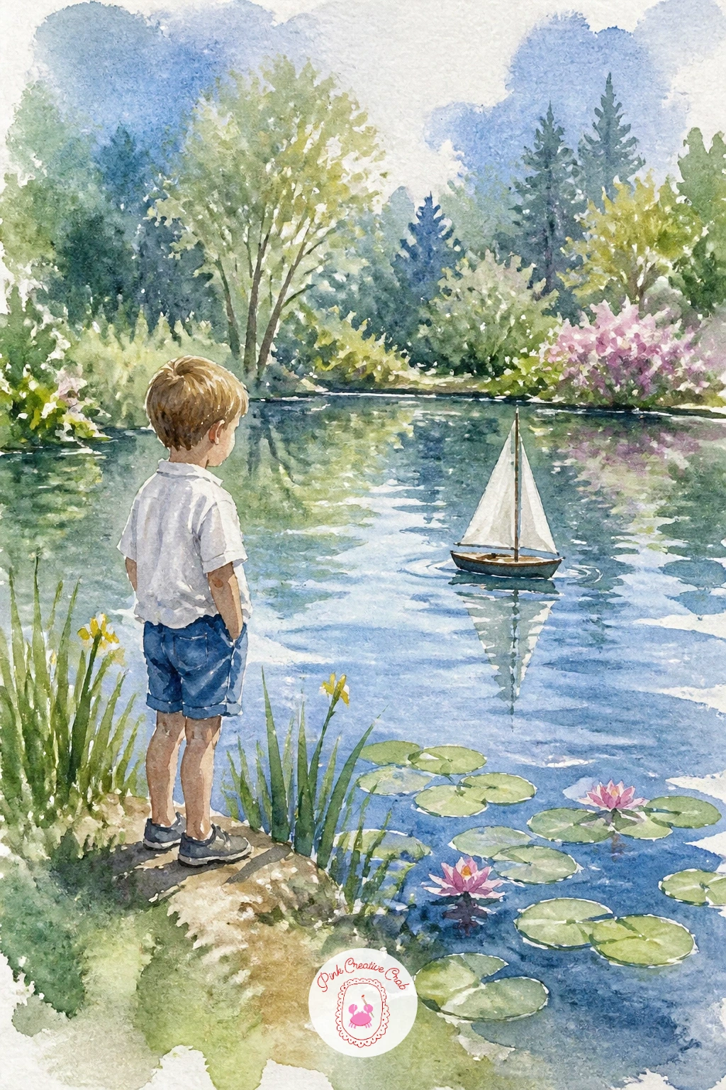 Child Sailing a Toy Boat — Keep the human warmth going with a child sailing a toy boat, a small scene that leans on gesture more than detail. Watercolor pond