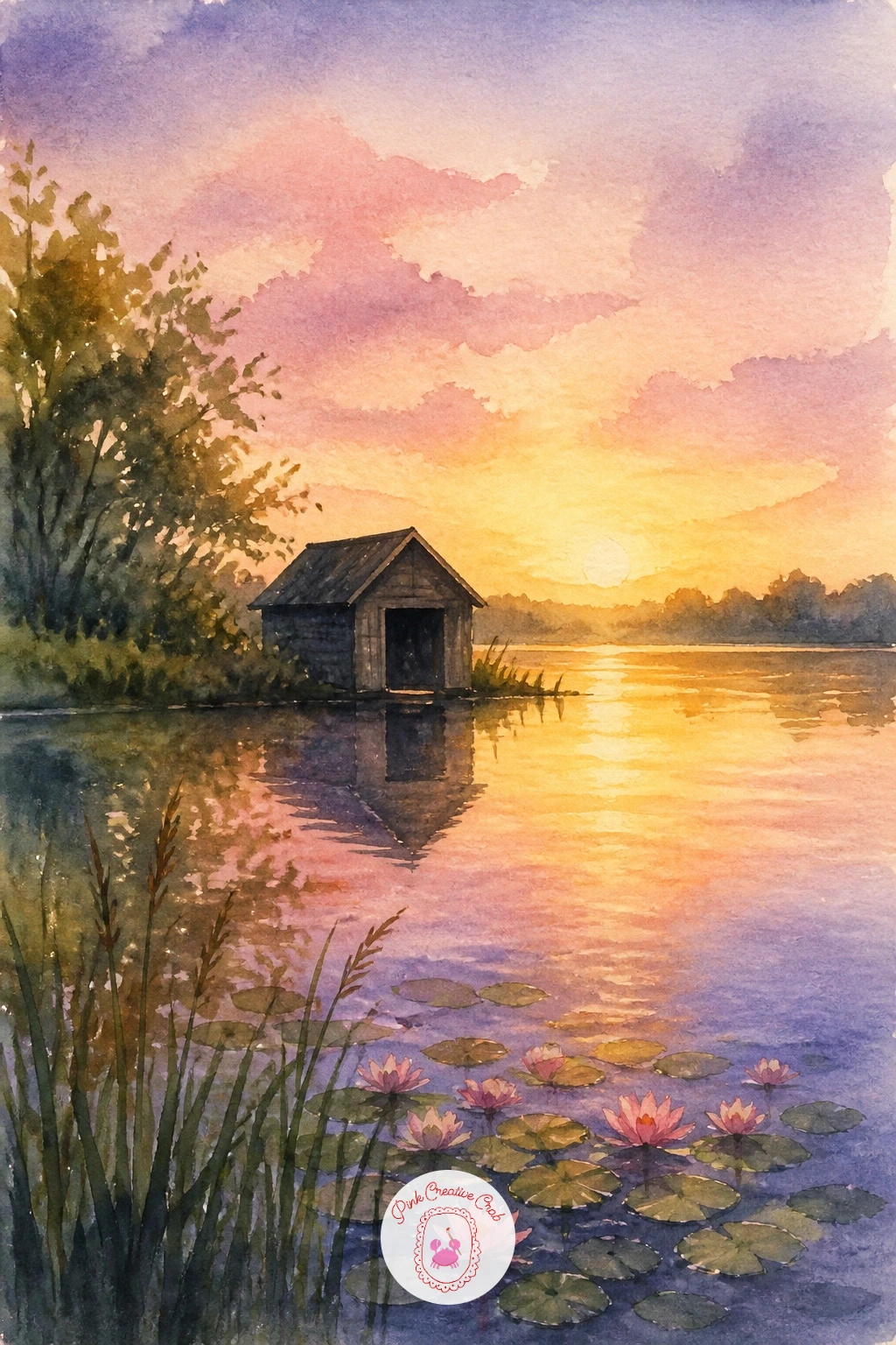 Boathouse at Dawn — Shift the mood with a boathouse at dawn, where the real subject is the light rather than the building itself. Watercolor pond