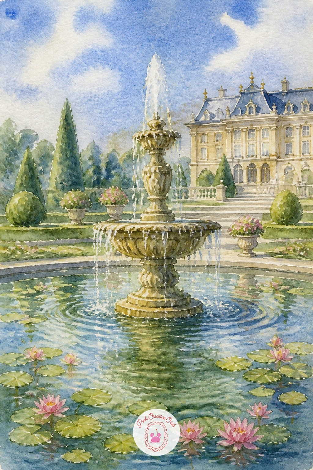 Pond With a Fountain in a Palace Garden — Add some grandeur next with a pond with a fountain in a palace garden, a chance to practice vertical water against a