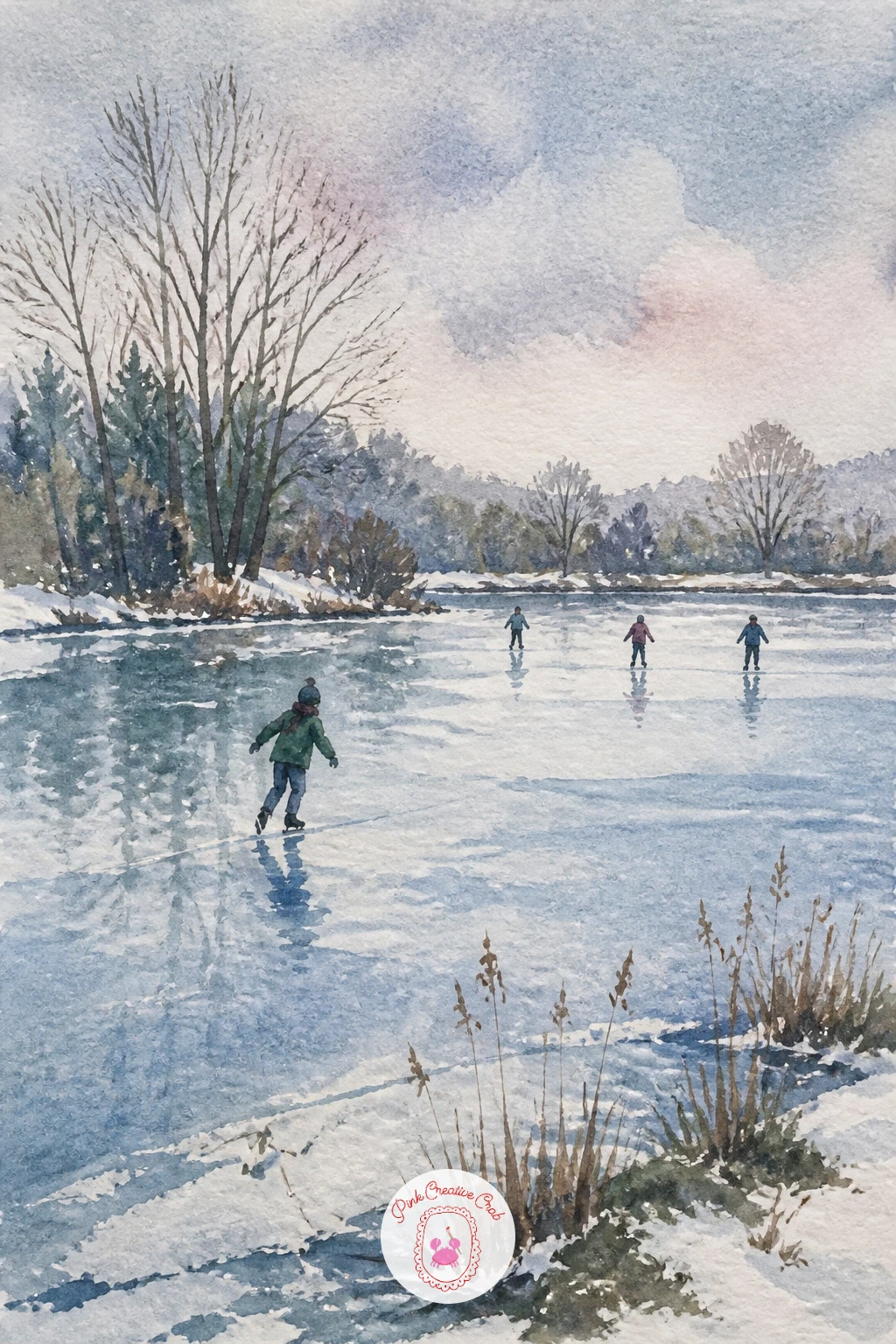 Pond Frozen With Skaters — Change the season entirely with a pond frozen with skaters, trading soft reflections for a hard, pale surface and small moving