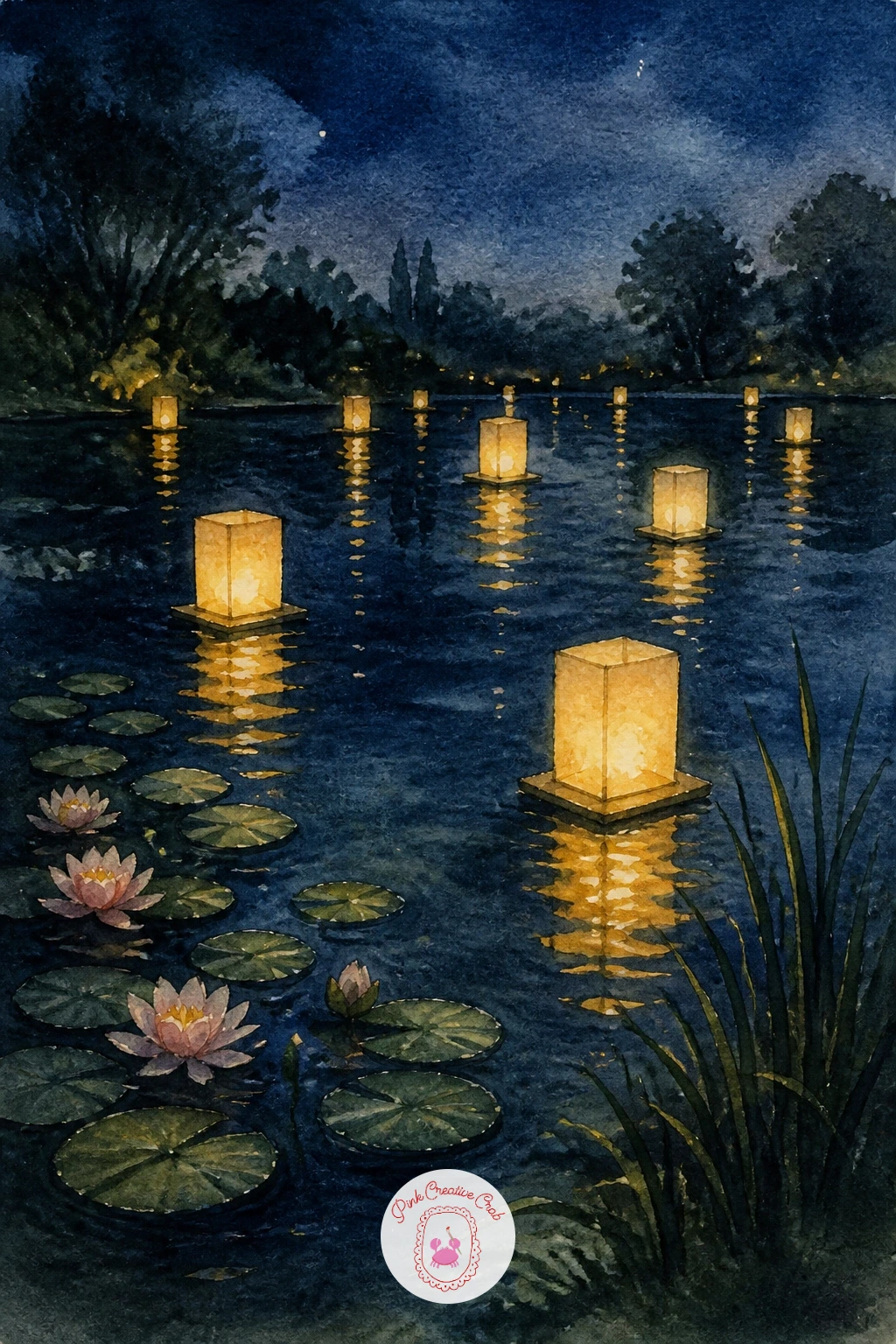 Pond at Night With Lanterns on the Water — Carry the quiet into evening with a pond at night with lanterns on the water, a subject built almost entirely around