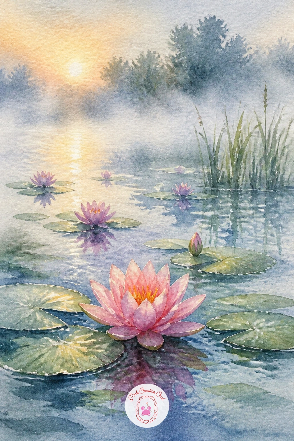 Water Lilies in Morning Mist — Soften the mood further with water lilies in morning mist, where atmosphere matters more than any single flower. Watercolor pond