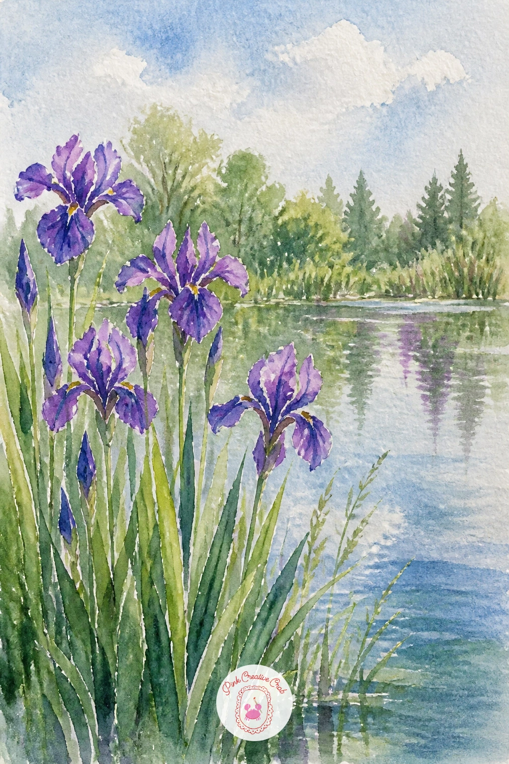 Irises Along the Pond Edge — Bring in some strong vertical shapes with irises along the pond edge, a nice contrast to all the rounded lily pads elsewhere on