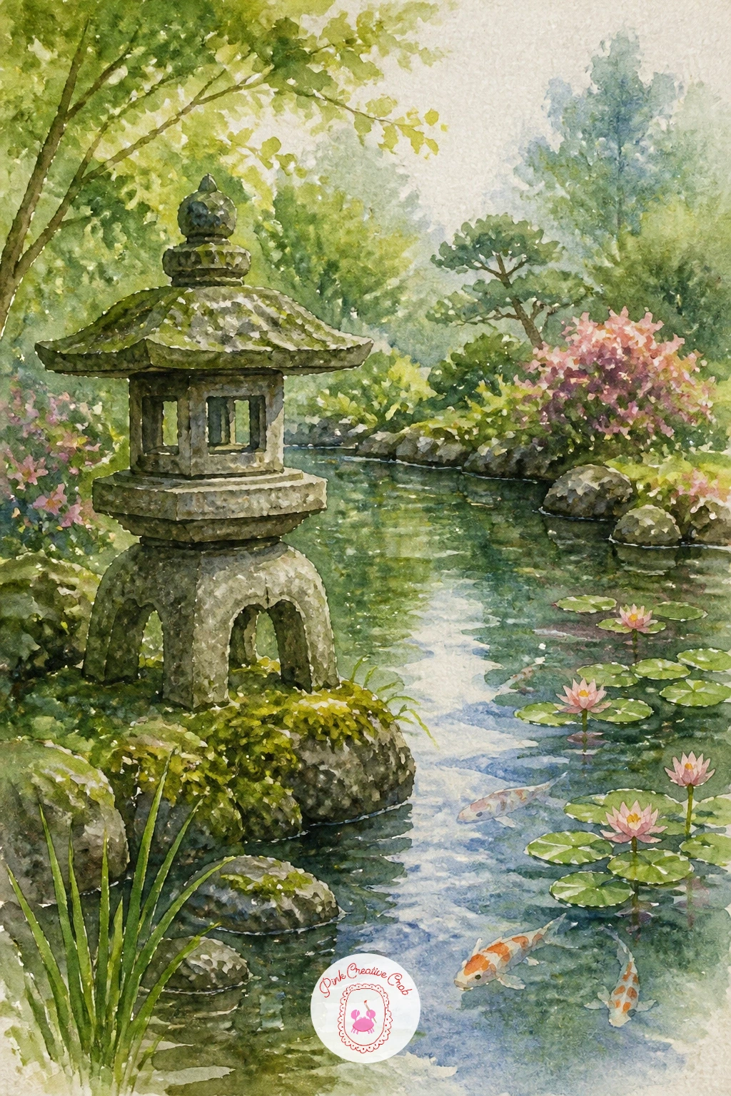 Stone Lantern by a Koi Pond — Add a touch of structure with a stone lantern by a koi pond, where a simple solid shape anchors a scene that could otherwise feel