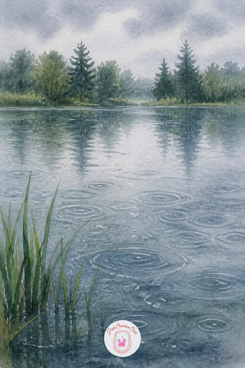 Rain Falling on a Pond — Challenge yourself with rain falling on a pond, a subject that lives entirely in texture rather than drawing. Watercolor pond