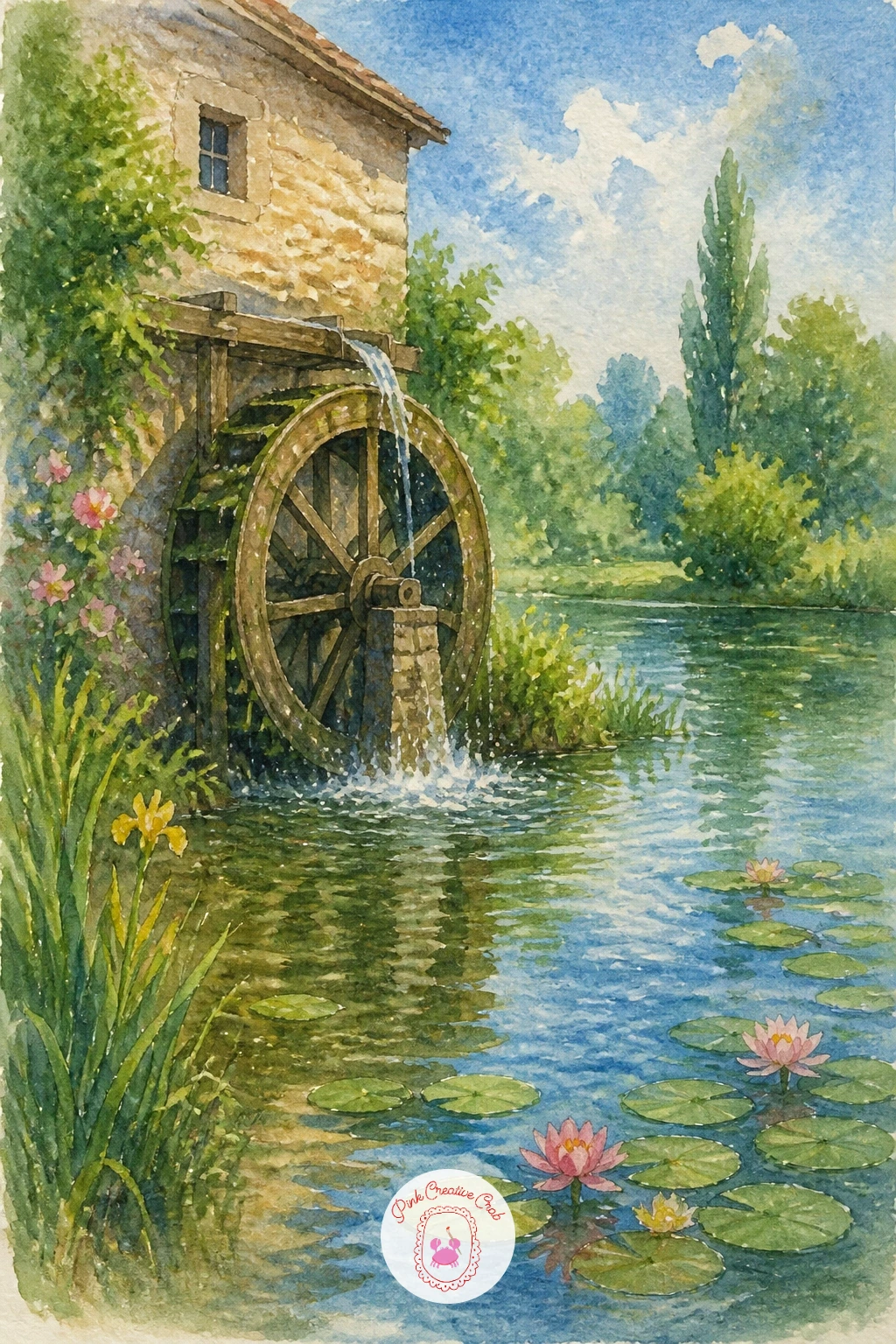 Pond With a Mill Wheel — Add some mechanical interest with a pond with a mill wheel, where the wheel's circular structure gives you a strong focal shape