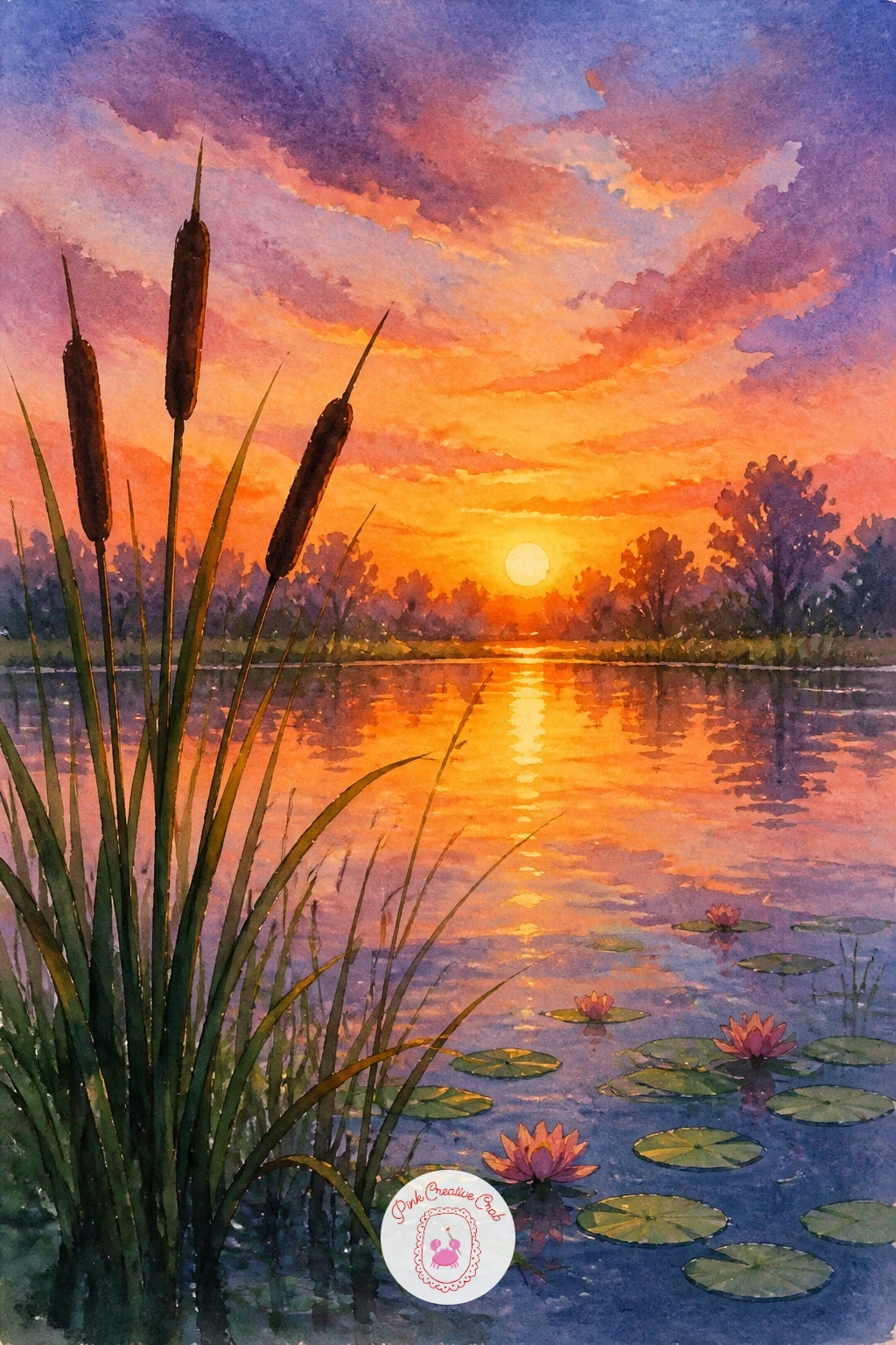 Pond With Cattails at Sunset — Warm the whole palette up with a pond with cattails at sunset, where the sky does most of the emotional work. Watercolor pond