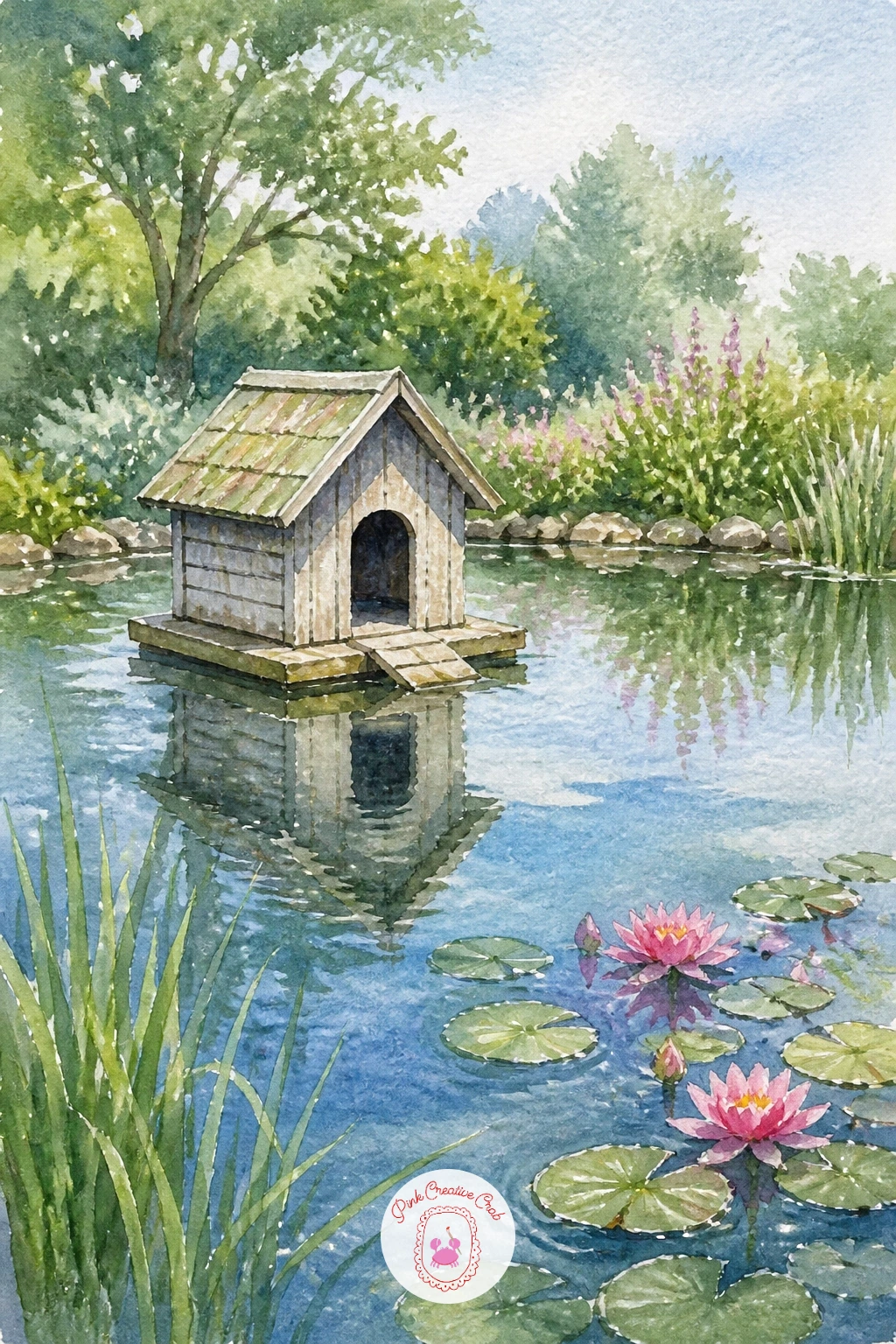 Pond With a Wooden Duck House — Keep things simple and homey with a pond with a wooden duck house, a small cheerful structure floating on calm water.