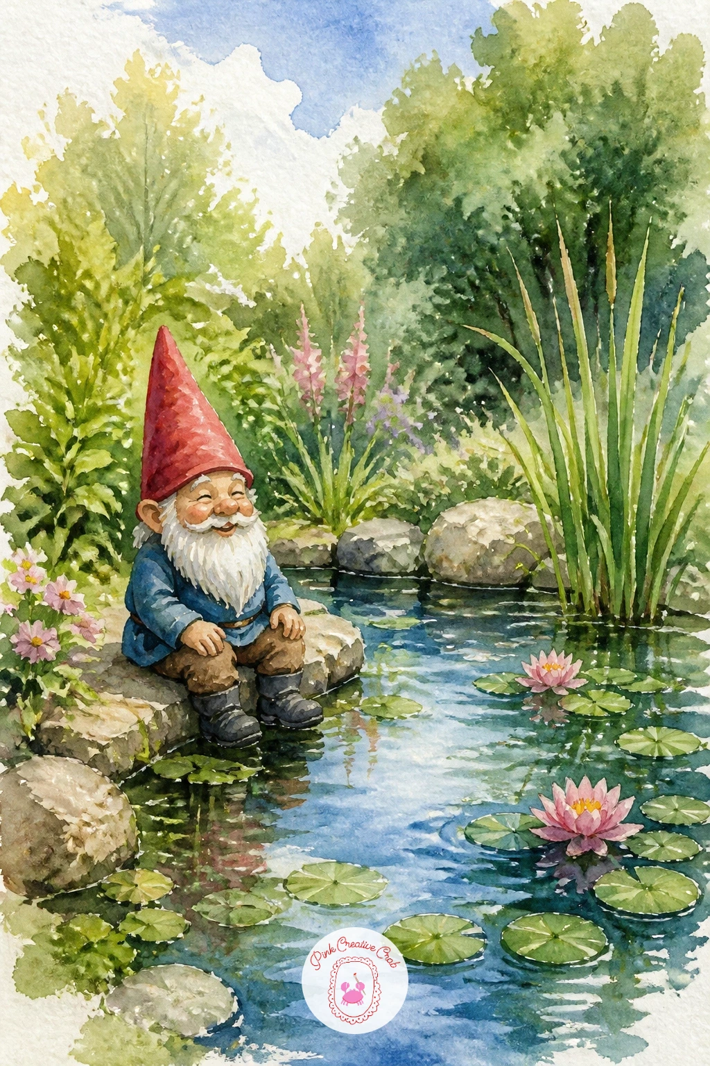 Garden Pond With a Gnome — Add a touch of whimsy with a garden pond with a gnome, a small character that brings personality without needing a human figure.