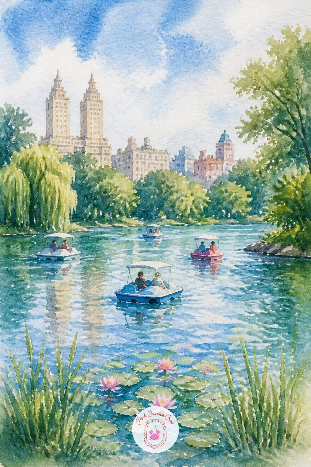 Paddle Boats in a City Park Pond — Bring some city life in with paddle boats in a city park pond, a livelier scene with a bit of architecture in the