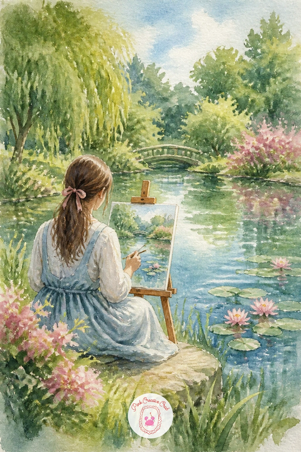 Girl Painting at an Easel by a Pond — Turn the lens on the artist herself with a girl painting at an easel by a pond, a scene within a scene that adds warmth