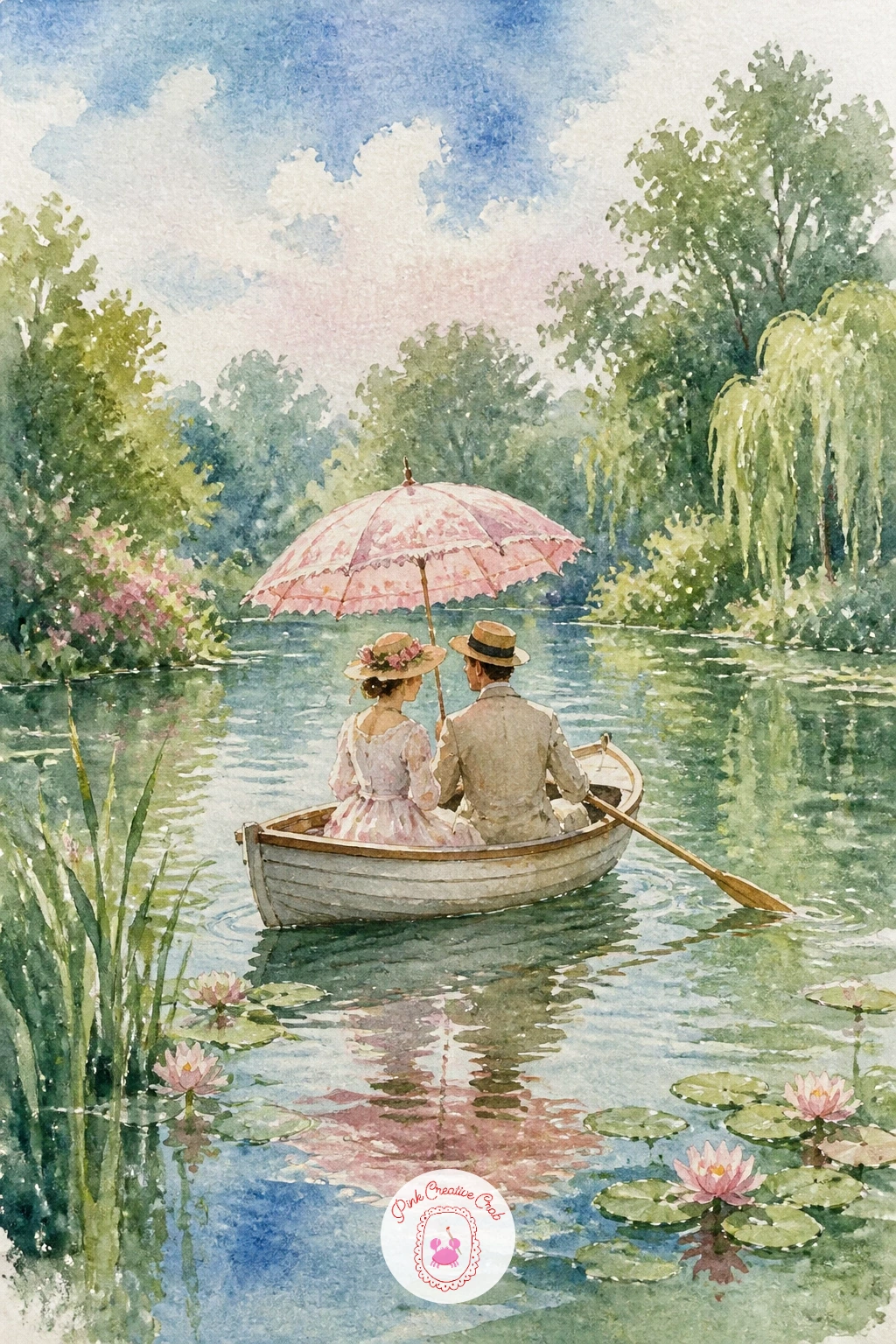 Couple in a Rowboat With a Parasol — Add some romance with a couple in a rowboat with a parasol, a gentle scene that works well as a small, intimate piece.