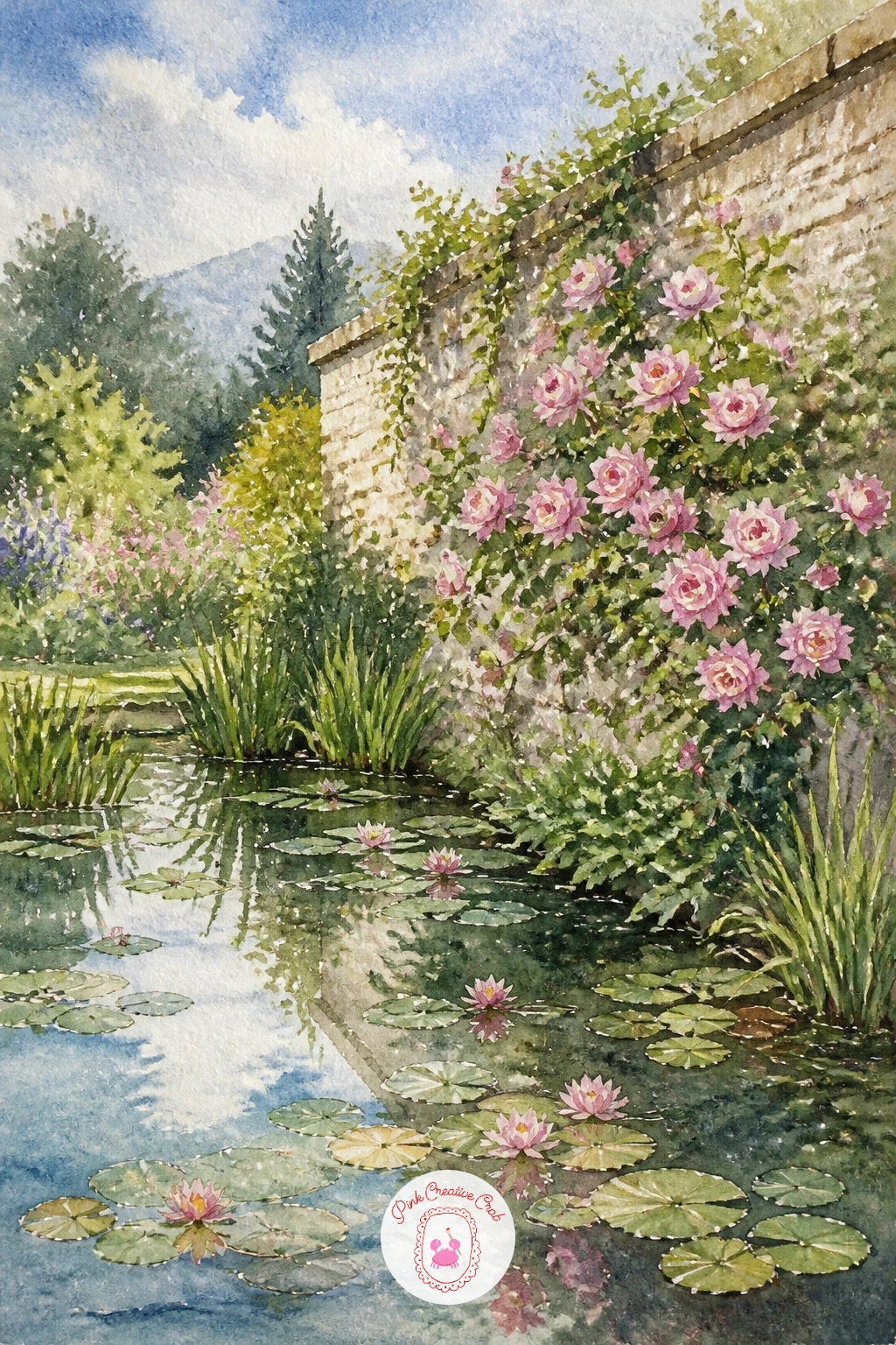 Pond in a Walled Garden With Roses — Add some structure and color with a pond in a walled garden with roses, a layered scene combining architecture and
