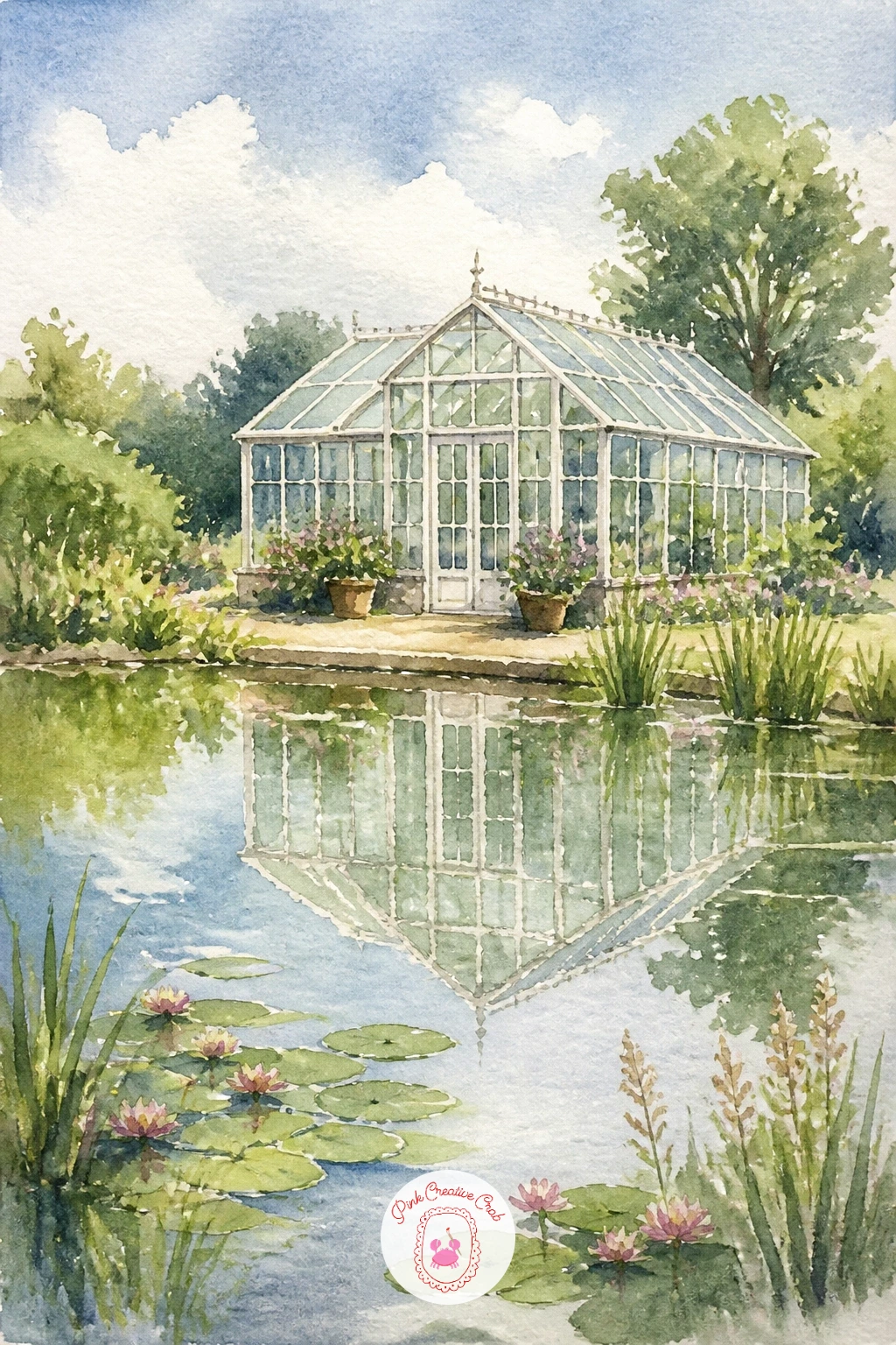 Greenhouse Reflected in a Pond — Challenge your sense of structure with a greenhouse reflected in a pond, where glass panels and their reflections both need to