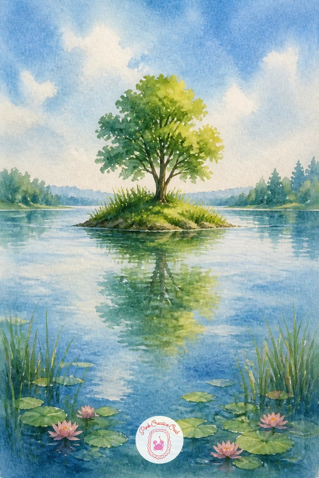 Pond With a Little Island and a Tree — Build a small focal point with a pond with a little island and a tree, a composition that gives the eye a clear center