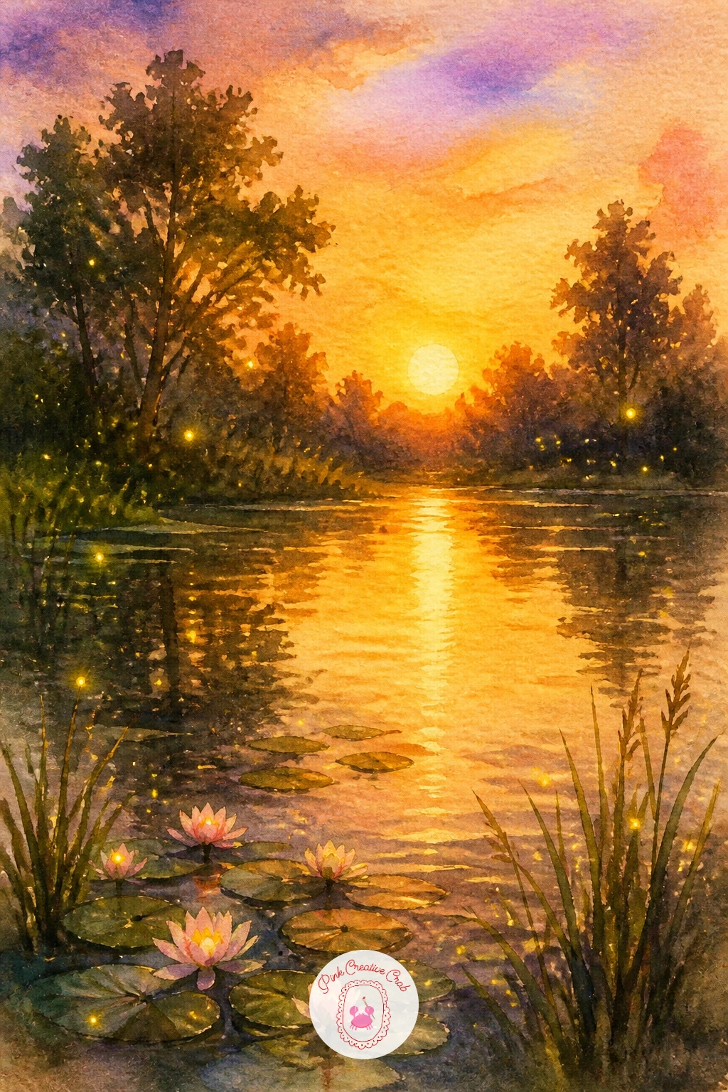 Pond at Golden Hour With Fireflies — Return to warm evening light with a pond at golden hour with fireflies, where small glowing points finish a scene built