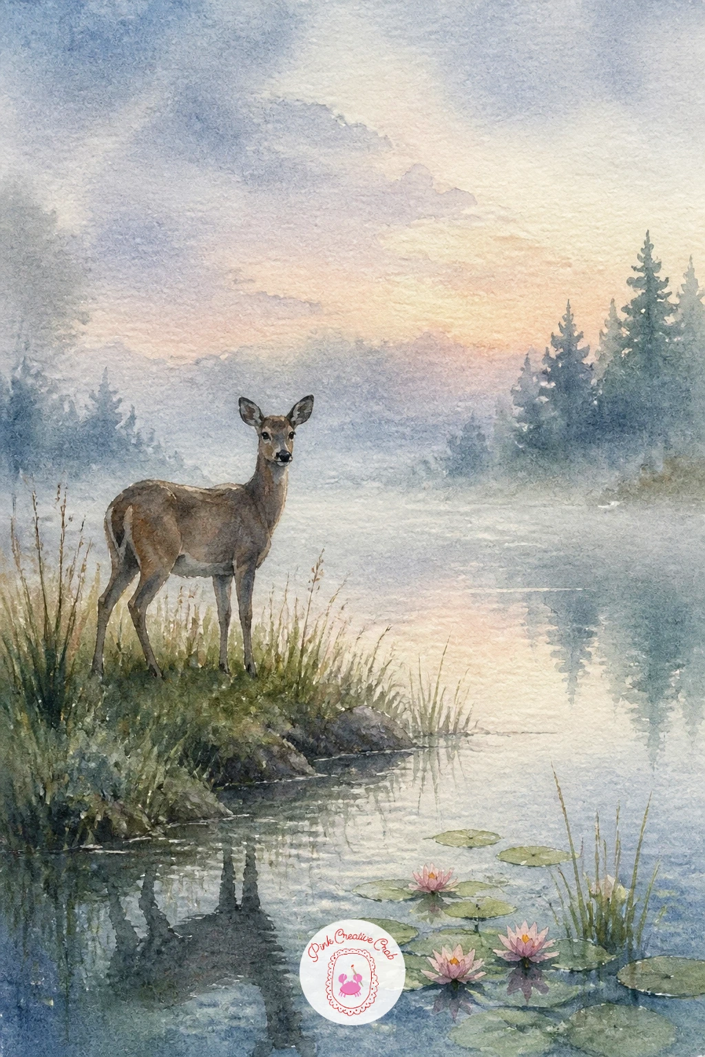 Misty Dawn Pond With a Deer — Bring a single quiet visitor into the scene with a misty dawn pond with a deer, a gentle moment that works best when the deer