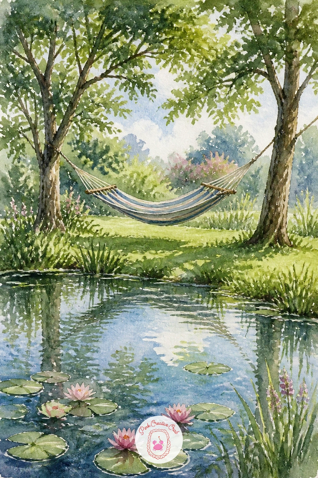 Pond With a Hammock Nearby — Slow things right down with a pond with a hammock nearby, a scene built for relaxation on paper as much as in subject. Watercolor