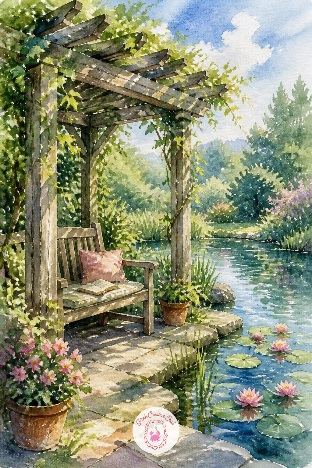 Reading Bench Under a Pergola by a Pond — Add a little more shelter and shade with a reading bench under a pergola by a pond, a scene with strong overhead
