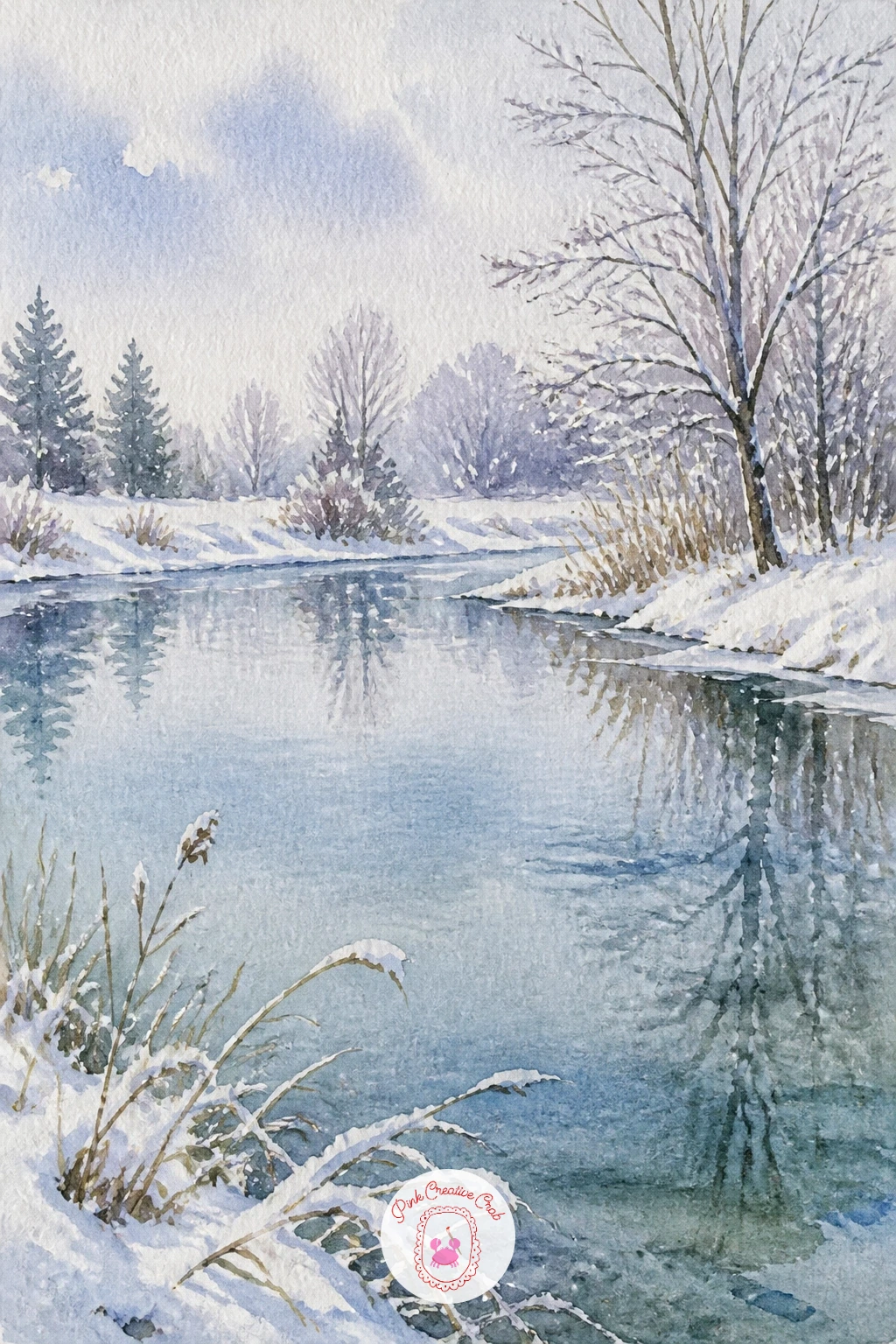 Winter Pond With Snow on the Banks — Close out the colder scenes with a winter pond with snow on the banks, where the unpainted white paper becomes just as