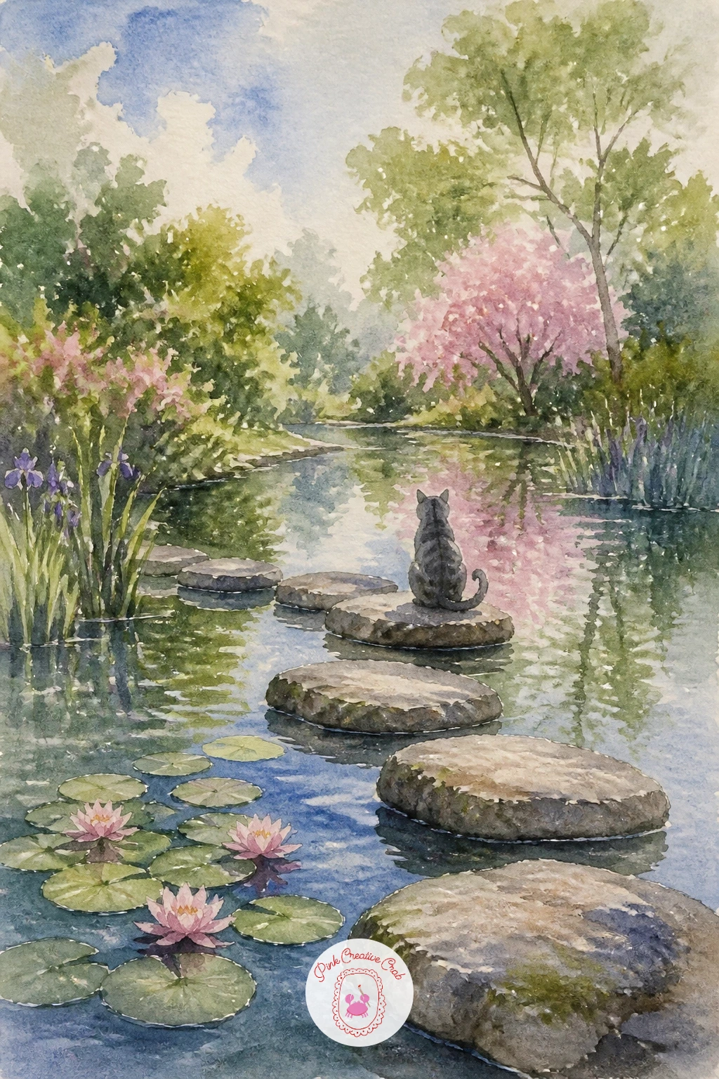 Pond With Stepping Stones and a Cat — Bring a small companion back in with a pond with stepping stones and a cat, picking up the stepping stone path from