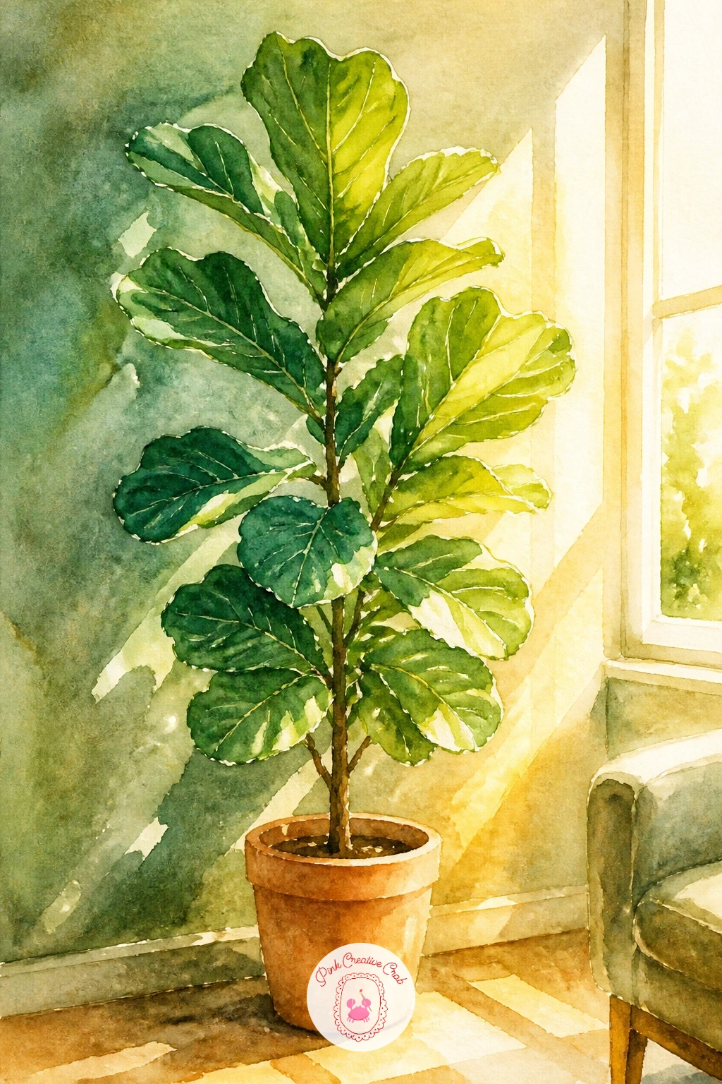 Fiddle Leaf Fig in a Bright Corner — Move to a bigger plant now that the pot and leaf basics feel comfortable. Plants watercolor
