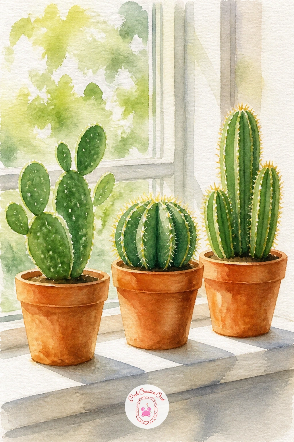 Cactus Collection on a Windowsill — Line up variety now that single-plant paintings feel easy. Plants watercolor