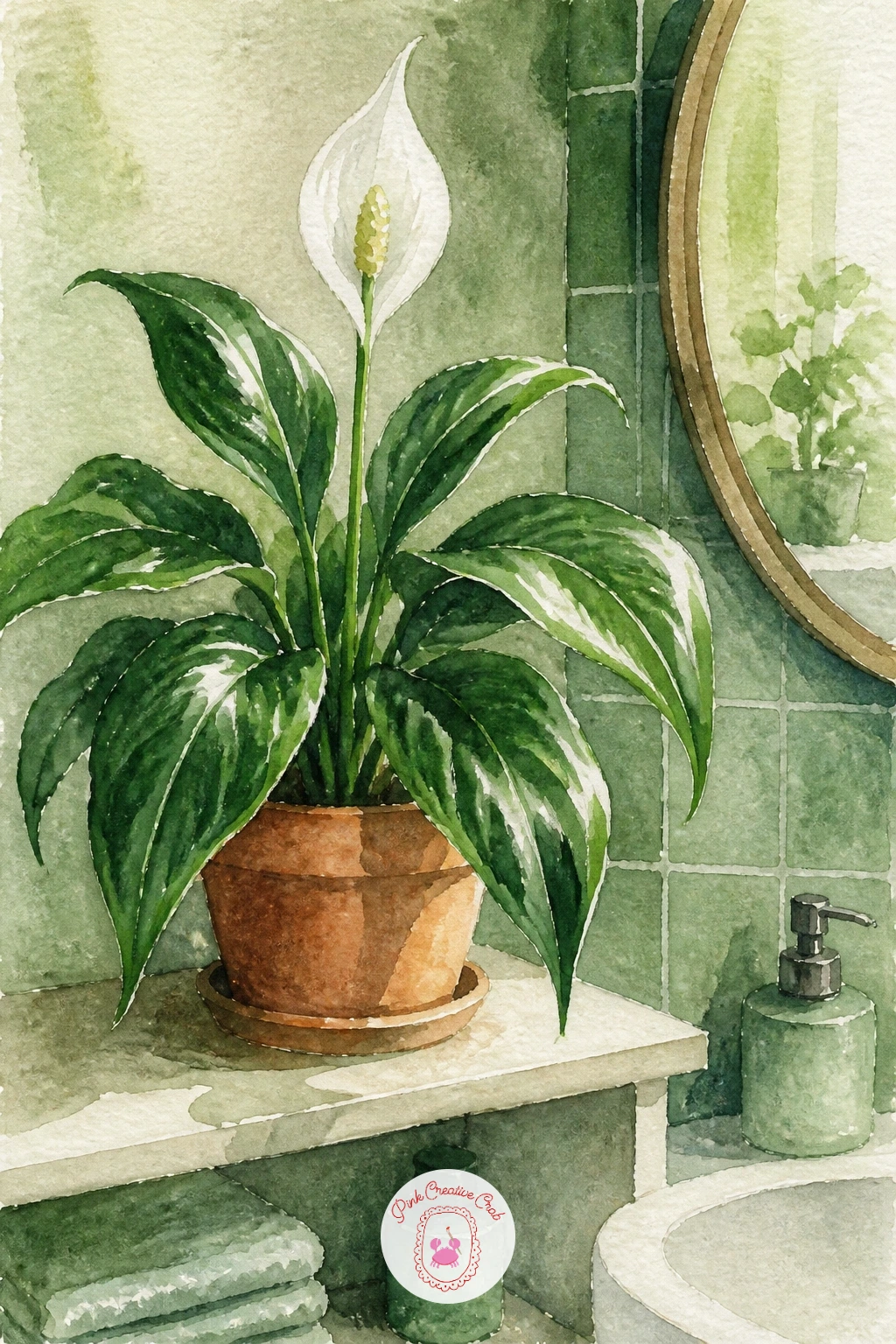 Peace Lily on a Bathroom Shelf — A peace lily is a good test of patience because its leaves are large, glossy, and curve in gentle S shapes rather than growing