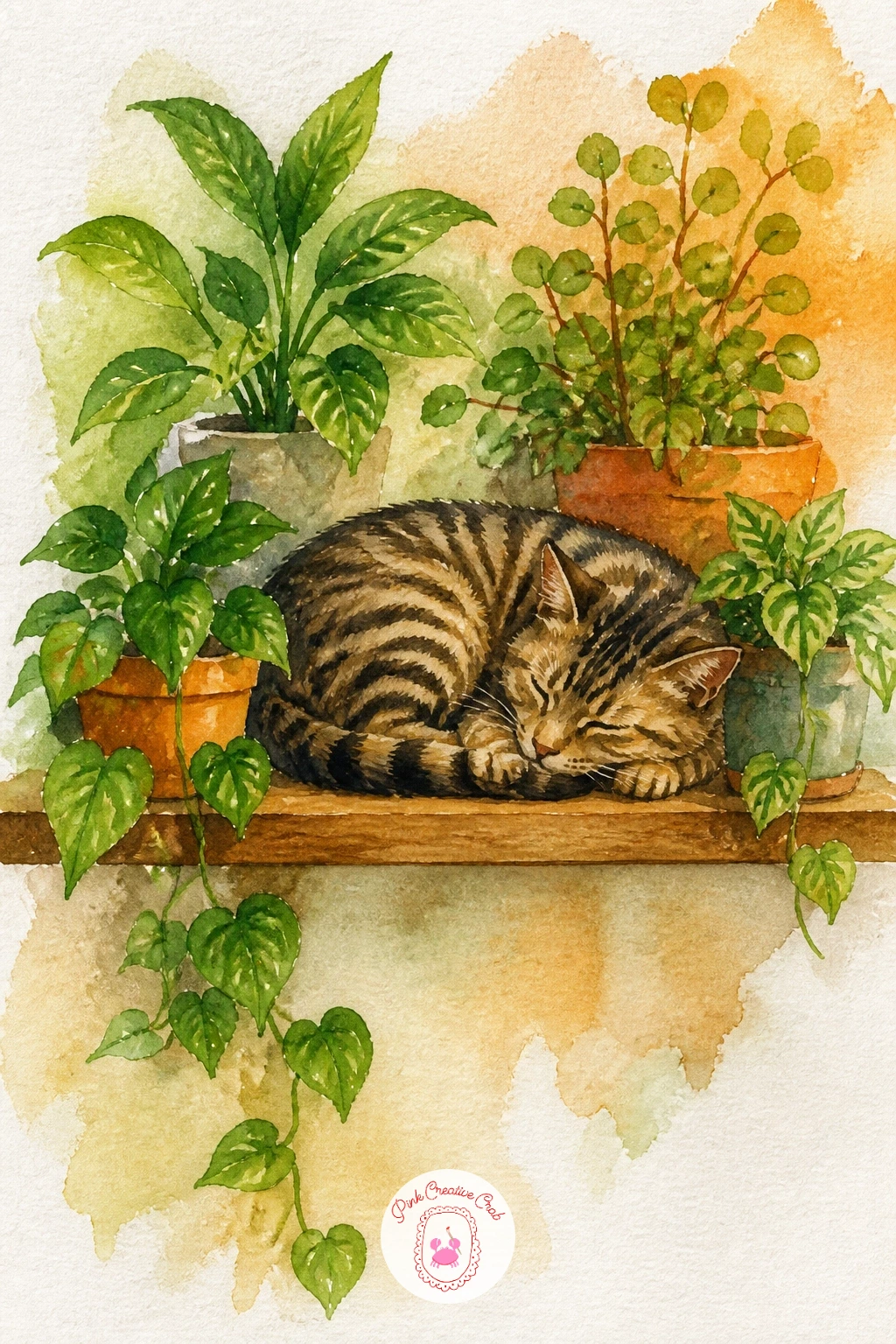 Plant Shelf With a Sleeping Cat — Bring in a living thing to warm up the scene. Plants watercolor