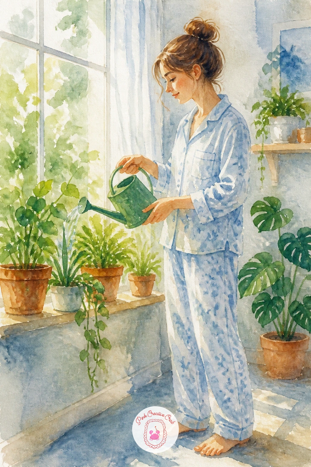 Girl Watering Plants in Pajamas — Figures feel intimidating, so keep this one loose and sketch-like rather than a full portrait. Plants watercolor