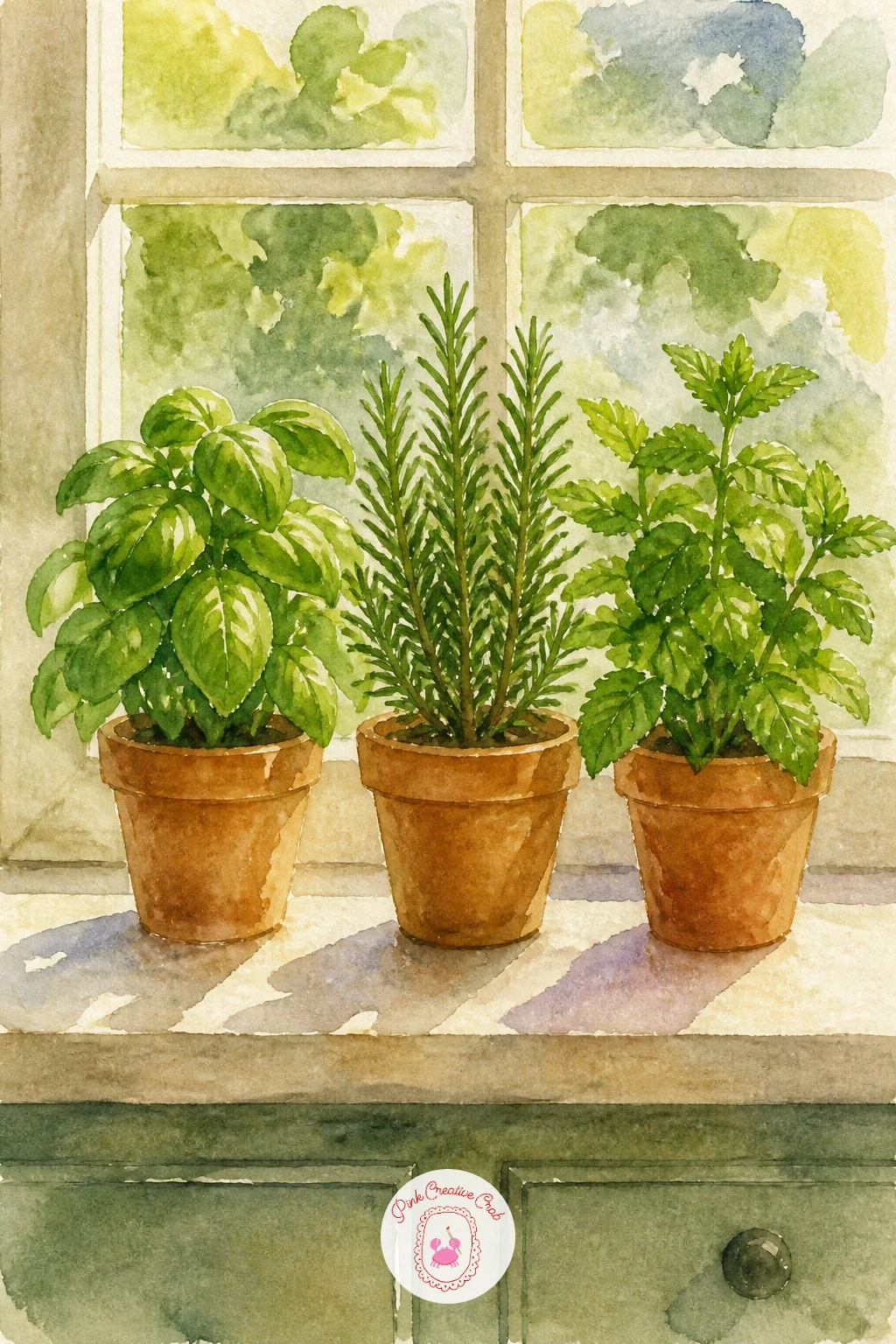 Herb Garden in the Kitchen — Several small pots in a row make a lively, achievable scene once you have painted single plants a few times. Plants watercolor
