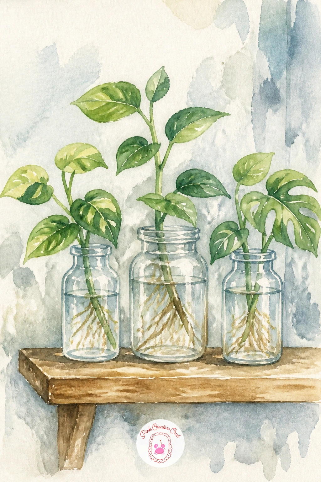 Propagation Station With Glass Jars — Transparent glass is the real skill here, so build it in careful layers rather than one wash. Plants watercolor