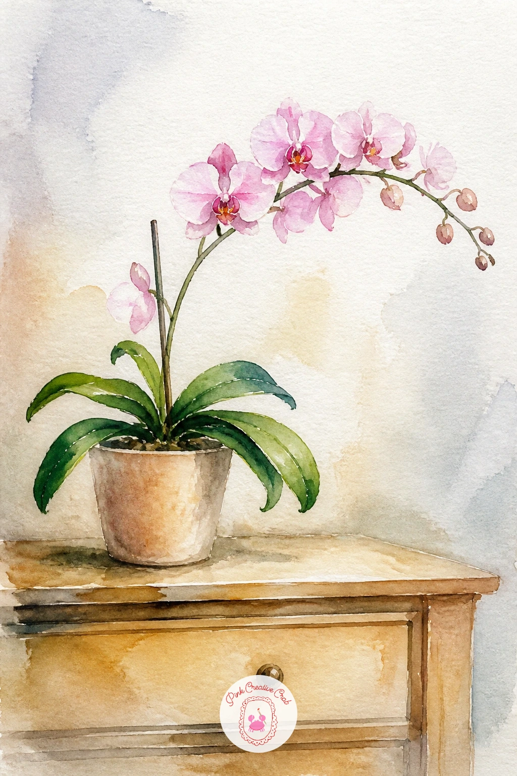 Orchid on a Dresser — Orchid flowers reward a slower, more careful hand than the leafy plants earlier in this list. Plants watercolor