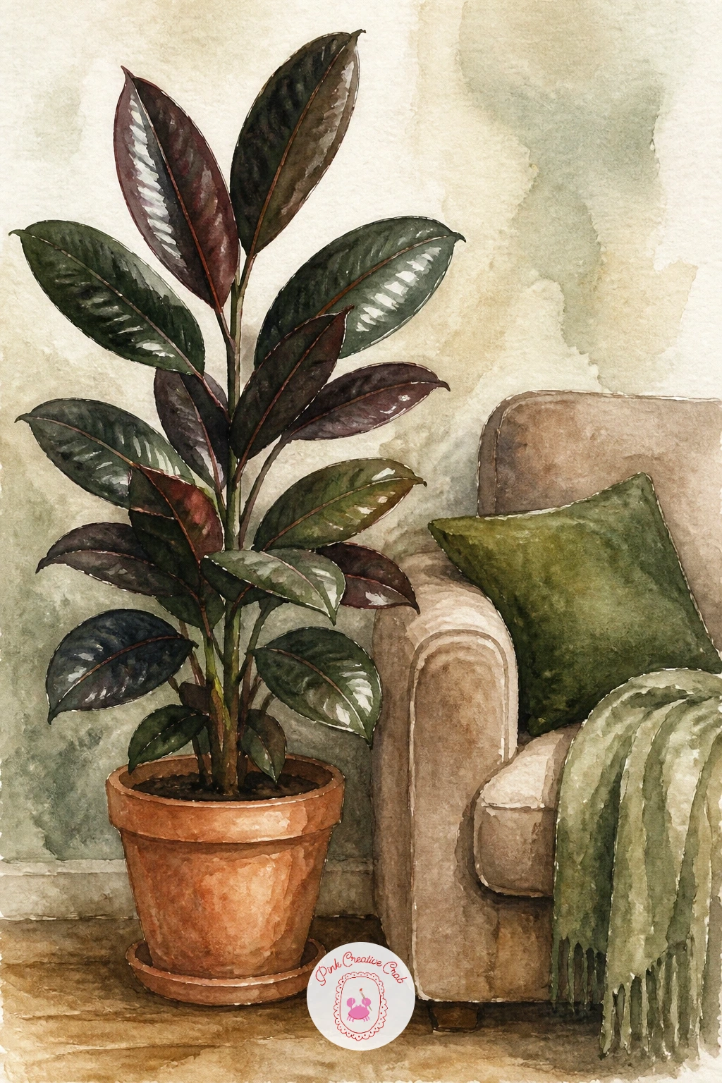 Rubber Plant by a Sofa — A rubber plant's leaves are thick, glossy, and almost perfectly oval, which makes them a satisfying subject for practicing edges and