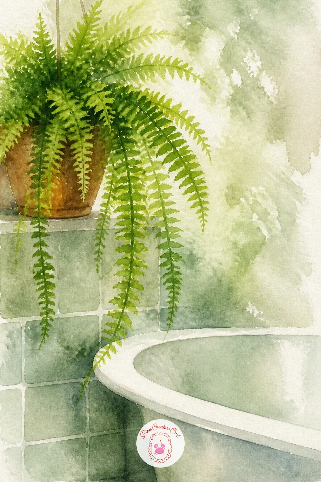 Fern in a Bathroom With a Tub — Ferns love humid bathrooms in real life and they make a nice loose, feathery subject here too. Plants watercolor