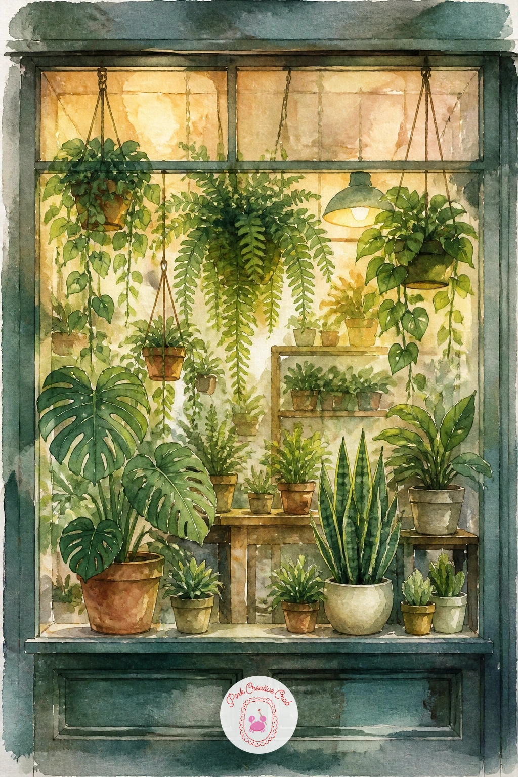 Plant Shop Window — Widen the scene into a whole storefront for a more involved painting once the single-plant subjects feel comfortable. Plants watercolor
