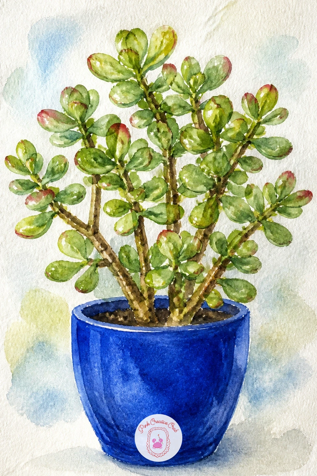 Jade Plant in a Blue Pot — A jade plant's small, round, fleshy leaves make a satisfying contrast against a bold pot color. Plants watercolor