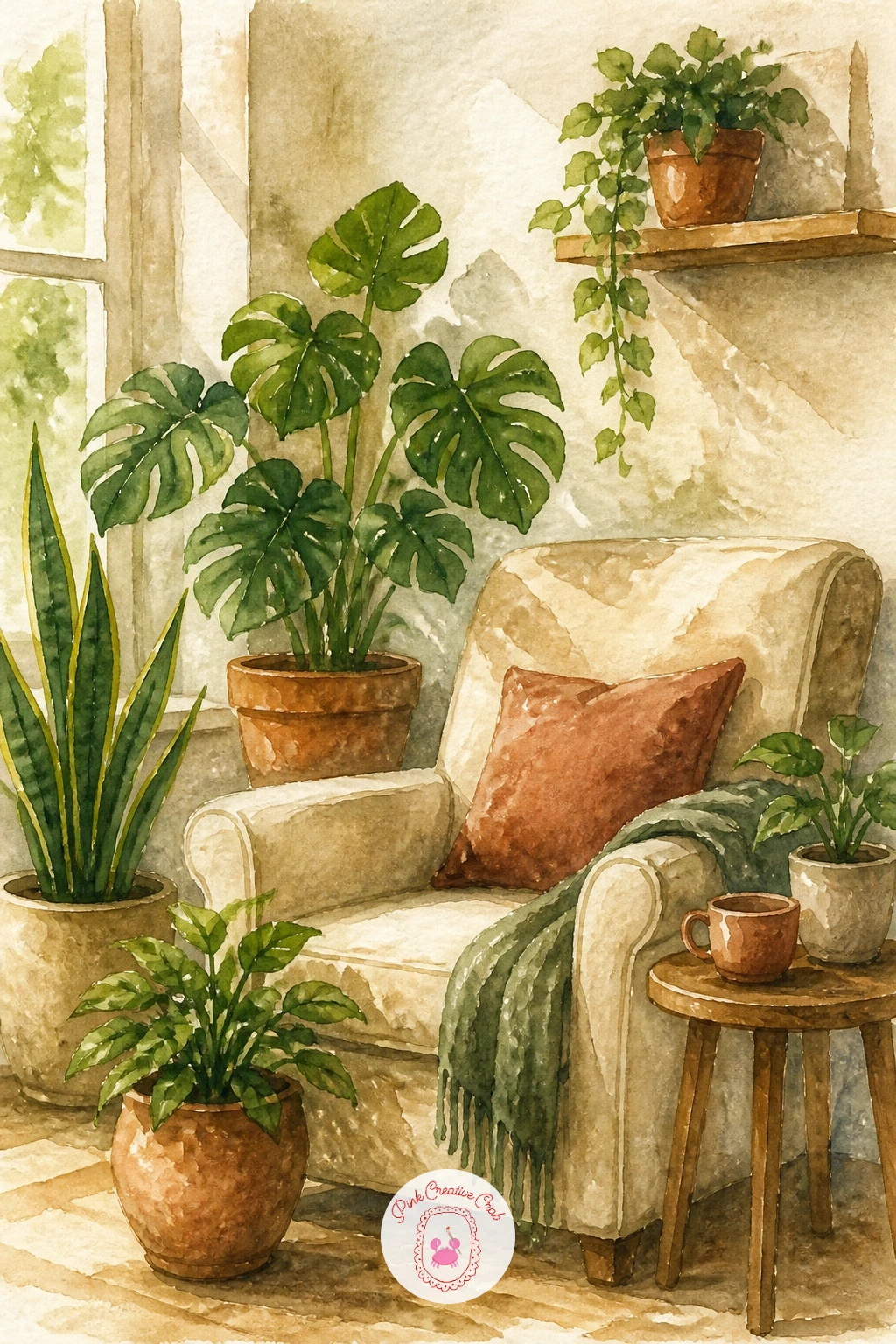 Plant Corner With a Reading Chair — Combine several plant shapes you already know into one cozy corner scene. Plants watercolor