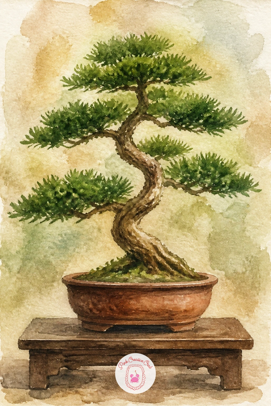 Bonsai on a Table — A bonsai asks for patience with its twisting trunk more than with its small leaves. Plants watercolor