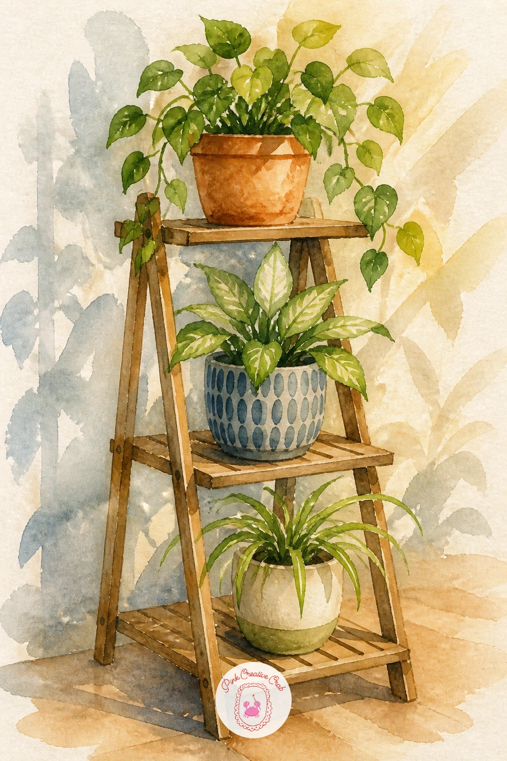 Plant Stand With Mixed Pots — A tiered plant stand is really just a repeat of shapes you already know, arranged at different heights. Plants watercolor