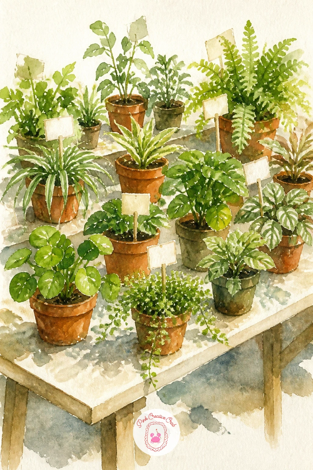 Plant Sale Table — End the indoor scenes on something bustling. Plants watercolor