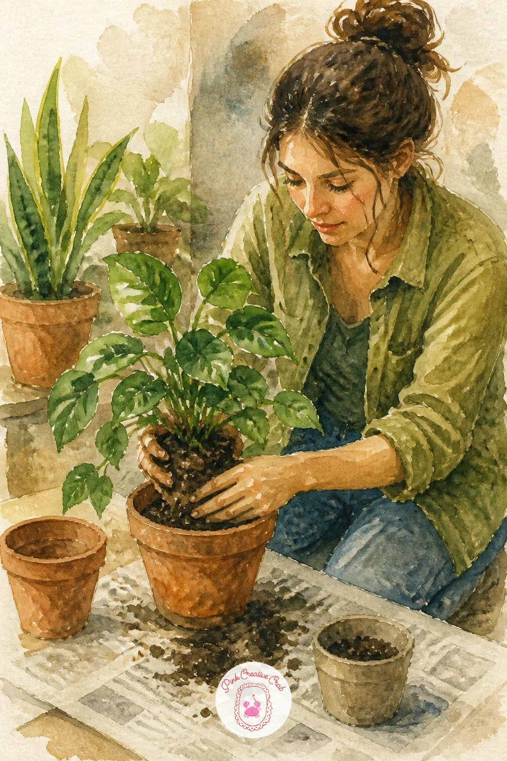 Woman Repotting a Plant on Newspaper — Close the list with a small, satisfying action scene. Plants watercolor