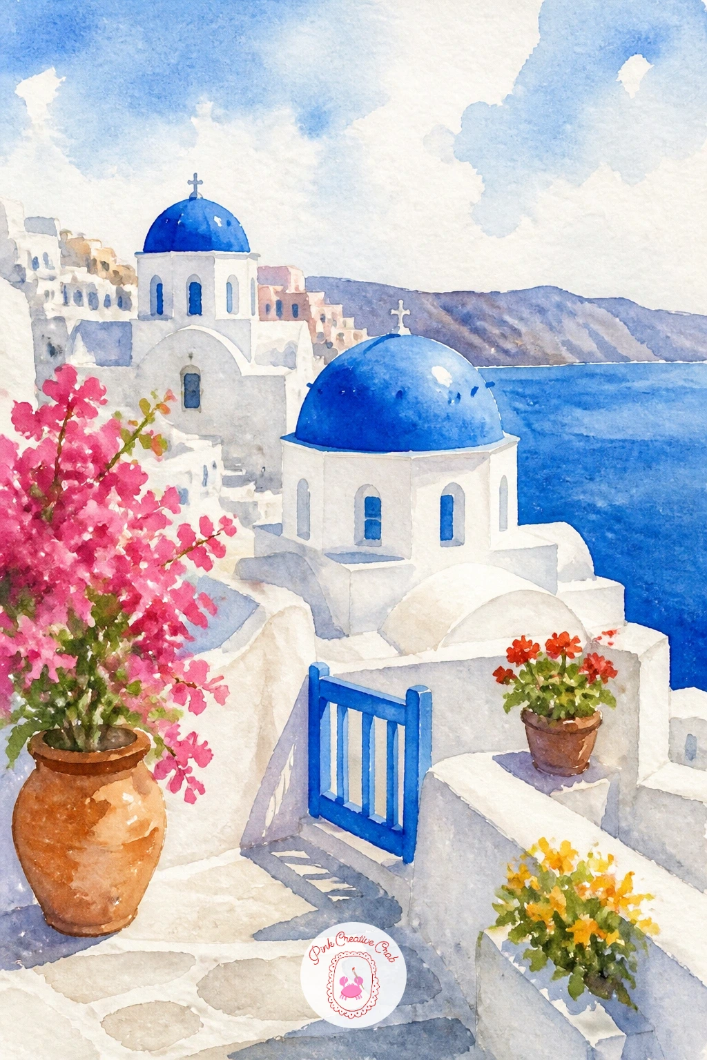 Santorini Terrace With Blue Domes — Start the whole series with a Santorini terrace, since its blue domes and white walls are the shape most people picture